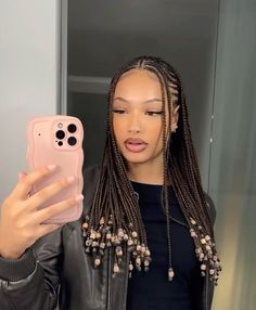 College Black Hairstyles, Cornrow Middle Part Braids, Corn Row In Front Box Braids In Back, Fulani Braids With Two Front Strands, Braids Inspo Black Women, First Day Of School Braids, Hair Braids With Beads, Straight Hair Braids, Hair Braids Styles