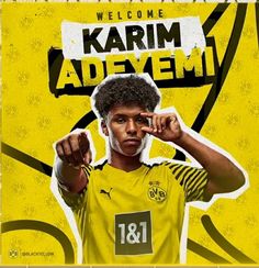 a young man is posing for a photo in front of a yellow background with the words welcome to karmi adeyem