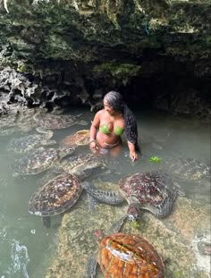 a woman sitting in the water surrounded by turtles