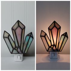 two different views of the same lamp, one with multicolored crystals on it