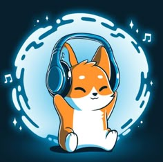 an orange and white cat with headphones sitting in front of a blue circle that has music notes on it