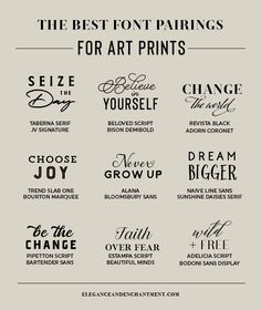 the best font pairings for art prints are shown in black and white, with different font