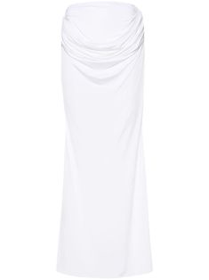 white stretch-jersey low-rise draped detailing full-length straight hem unlined elasticated waistband Elegant Maxi Length Ruched Bottoms, Elegant Ruched Maxi Bottoms, Elegant Draped Skirt With Ruched Sides For Evening, Chic White Ruched Maxi Skirt, Elegant Evening Draped Skirt With Ruched Sides, Elegant Evening Maxi Skirt In Elastane, Formal Ruched Long Draped Skirt, Formal Long Ruched Draped Skirt, Elegant White Stretch Maxi Skirt