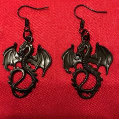 Dragon Earrings Dragon Charm Earrings Black Same Day Or Next Day Shipping Nickel-free Black Punk Jewelry, Black Edgy Dangle Earrings, Black Nickel-free Punk Jewelry, Edgy Black Dangle Earrings, Nickel-free Black Punk Earrings, Black Punk Metal Earrings, Black Nickel-free Punk Earrings, Edgy Black Earrings For Party, Edgy Black Party Earrings