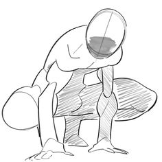 a drawing of a man kneeling down with his head in the ground, looking at something