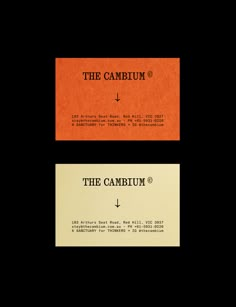 an orange and black business card with the word the cambum on it's side