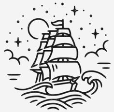 a black and white drawing of a ship in the ocean with stars on it's side