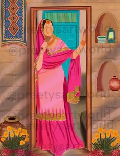 Women Illustration Art, Punjabi Village, Punjab Art, Punjabi Marriage, Indian Traditional Paintings, Pakistani Culture, Punjabi Culture, Women Illustration, Rajasthani Art