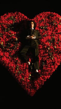 a man sitting in the middle of a heart shaped area with flowers all around him