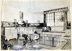 an old drawing of a baby's room with furniture