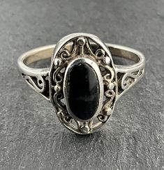 Vintage Black Onyx Sterling Silver Filigree Ring, UK Size M, US Size 6, EU Size 51 1/2, Stamped 925, Ring Front Max Width 13.6mm, Weight 2.47 Grams, Lovely Condition Ornate Black Sterling Silver Rings, Ornate Black Oval Ring, Vintage Black Oval Filigree Ring, Vintage Black Filigree Rings, Classic Black Filigree Rings, 925 Ring, Sterling Silver Filigree, Filigree Ring, Silver Filigree