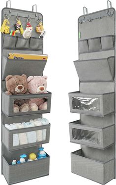 two storage bins with stuffed animals and baby items in them, one on top of the other