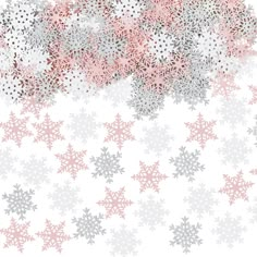 an abstract background with pink and silver snowflakes in the shape of stars on white paper