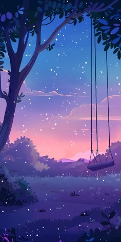 a swing hanging from a tree in front of a night sky with stars and clouds