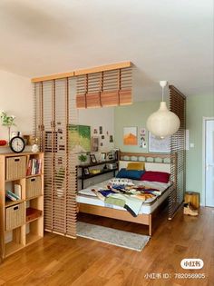 a bedroom with a bed, bookshelf and shelves