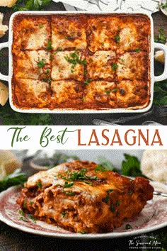 lasagna casserole in a white dish with the title above it