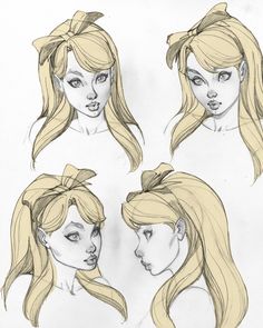 four different views of a woman's head with long blonde hair and various facial expressions