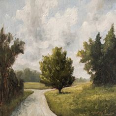 an oil painting of a country road with trees on either side and grass in the foreground