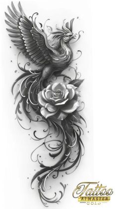 a black and white drawing of a bird with a rose on it's back