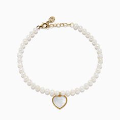 14K Gold Fresh Water Pearl and Mother of Pearl Heart Charm Bracelet Elegant White Pearl Bracelet With Heart Charm, Elegant White Charm Bracelet With Heart Charm, Elegant White Heart Charm Bracelet, Yellow Stone, Effy Jewelry, Jewelry Stand, Heart Charm Bracelet, Heart Charm, Mother Of Pearl