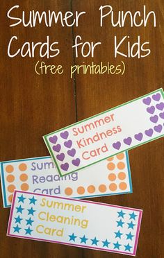 three printable summer punch cards for kids on a wooden table with text overlay