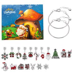 christmas greeting card and keychain set with santa's house, snowflakes and bells