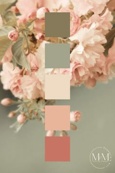 some pink flowers and green leaves on a gray background with the words mme above them