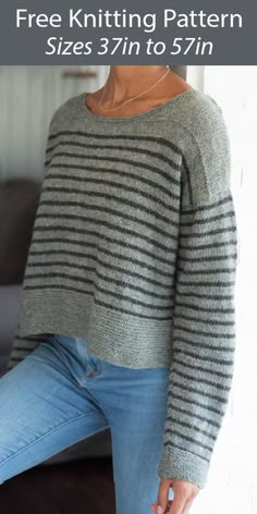 a woman wearing a striped sweater and jeans with text overlay that reads free knitting pattern sizes 3 / 4 to 5 / 8in