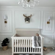 a baby's room with a crib, rug and deer head on the wall