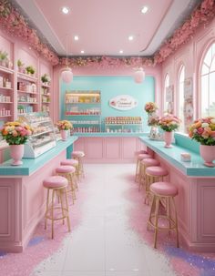 a pink and blue store with lots of counter space, flowers on the shelves and stools