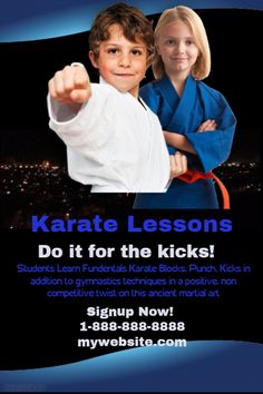 an advertisement for karate lessons with two children pointing at the camera and one boy holding his arm up