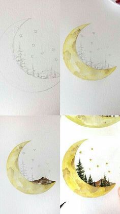 three pictures of the moon with trees on it