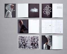 an assortment of brochures are displayed on a gray surface with white images and black text