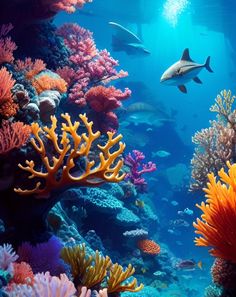 an underwater scene with fish and corals