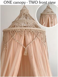 an image of a canopy bed with netting and tassels on the top, one canopy - two front views