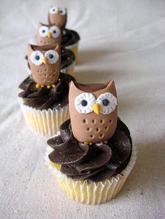 three cupcakes decorated with chocolate frosting and an owl figurine