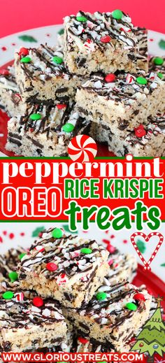 peppermink rice krispy treats are stacked on top of each other