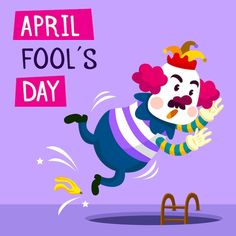 a cartoon clown is jumping over an obstacle with the words fool's day on it