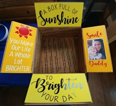 three boxes with different sayings on them