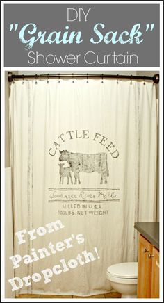 a shower curtain with the words, diy grain sack shower curtain