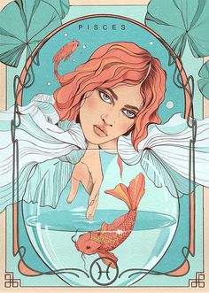 a woman with red hair is looking at a goldfish in a fish bowl, surrounded by leaves