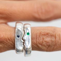 Customize Oxbow's Silver signature Kiss Rings. This set comes as a set of two. You can select two of the same size if you intend to wear them together, or choose two different sizes if you want to gift one or wear them on different fingers. Ring 1 is pictured the emerald eye (green), and ring two is pictured with the sapphire eye (blue). Product details: Original designs carved in wax and cast in 925 Sterling Silver Signet style, each face is 6.5mm wide, stacked together the rings are 13mm wide Wedding Silver Rings, Eclectic Rings, Silver Rings Wedding, Matching Rings For Couples, Good Rings, Sterling Silver Band Rings, Fine Jewlery, If I Won The Lottery, Club Accessories