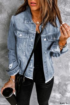 Katy Key - Bold Dark Blue Denim Jacket for Women, Plus Sizes with Distressed Flaps Denham Jeans, Dark Blue Denim Jacket, Fitted Jean Jacket, Fitted Denim Jacket, Stretch Denim Fabric, Classic Denim Jacket, Jean Jacket Women, Dark Blue Denim