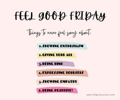 a pink background with the words feel good friday on it and five different font styles