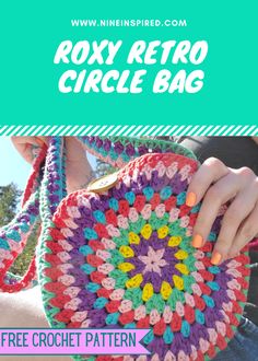 a crochet bag with the text roxy retro circle bag free crochet pattern