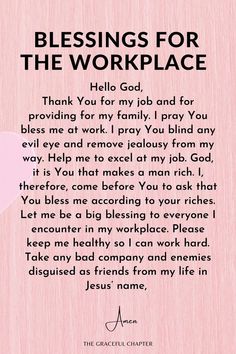 a pink background with the words, blessing for the work place and an image of a heart