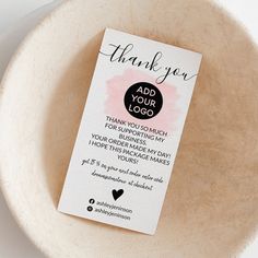 a thank you tag sitting on top of a bowl