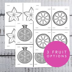 fruit cut outs with the text, 3 fruit options on it and an image of oranges