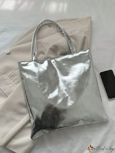 BirdinBag - Fashionably chic metallic double-handled shoulder tote bag Trendy Double Handle Party Shoulder Bag, Chic Silver Satchel Shoulder Bag, Chic Silver Shoulder Bag With Double Handle, Trendy Gold Shoulder Bag With Double Handle, Trendy Silver Satchel For Shopping, Chic Silver Shoulder Bag, Trendy Silver Top Handle Shoulder Bag, Chic Silver Rectangular Shoulder Bag, Trendy Silver Rectangular Bag