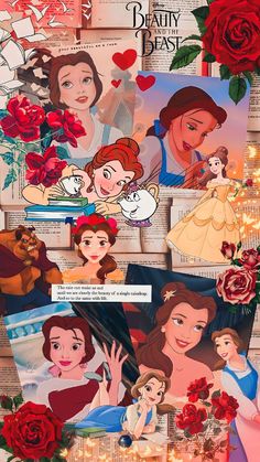 the beauty and the beast poster is shown with roses, roses, and other disney characters